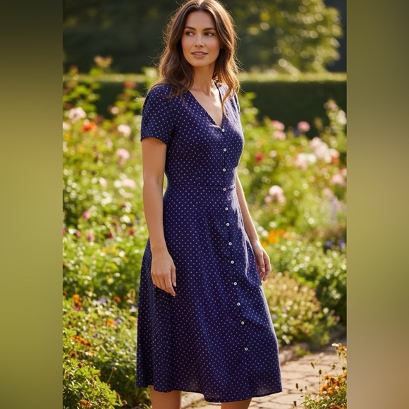 J. Peterman Dresses & Skirts - J. PETERMAN Sz 12 Blue Red Dot Fit & Flare Lined Cotton Dress Spring